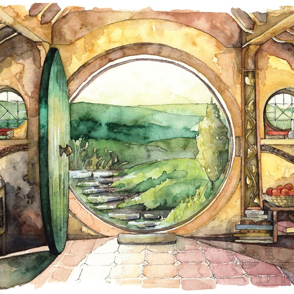 Bag End Gemälde, Aquarell Bag End Art, Lord, Fantasy Art, Jrr, Ringe, Fantasy Malerei, Druck mit dem Titel: "In einem Loch in der ..."