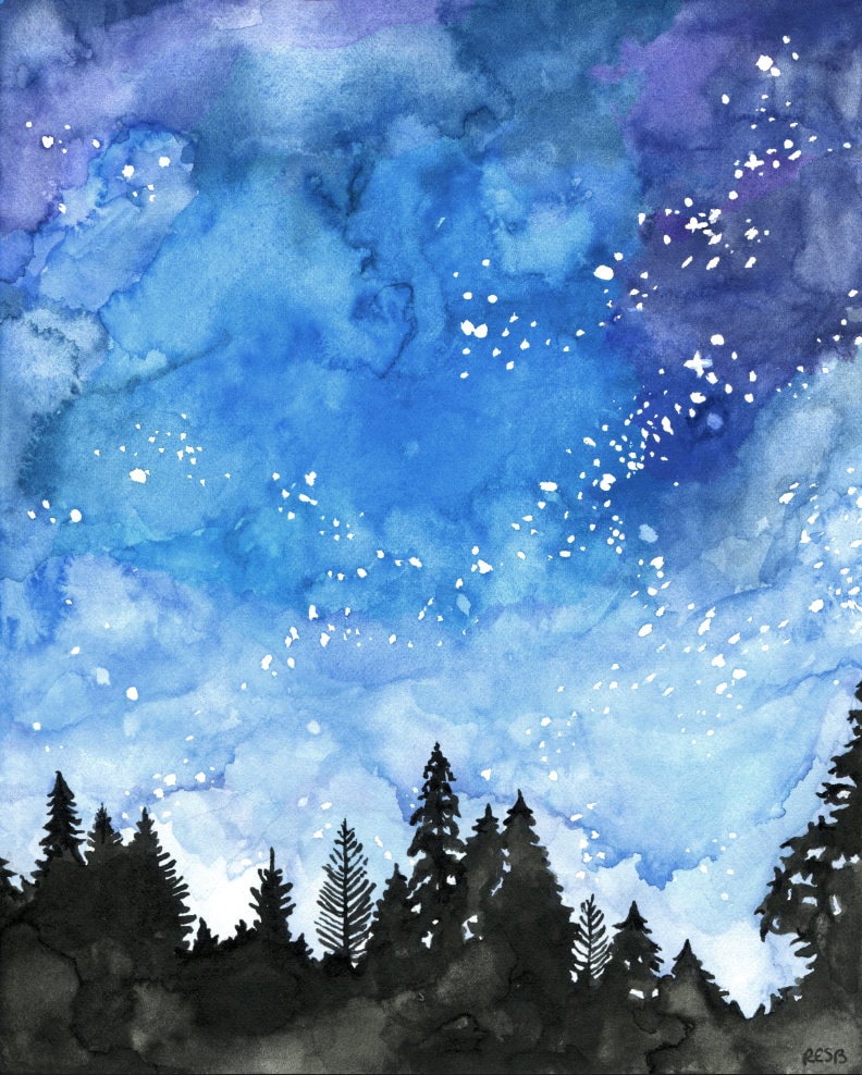 水彩画、銀河の絵、夜空、銀河のプリント、星、星空、水彩画 水彩画、銀河の絵、夜空、銀河のプリント、星、星空、水彩画