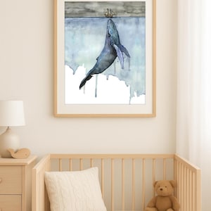 Whale Watercolor Print- Ocean Wall Art, Coastal Whale Painting, Whale Nursery Decor, Whale and Sailboat Painting, Eco Friendly Fine Art Gift image 3