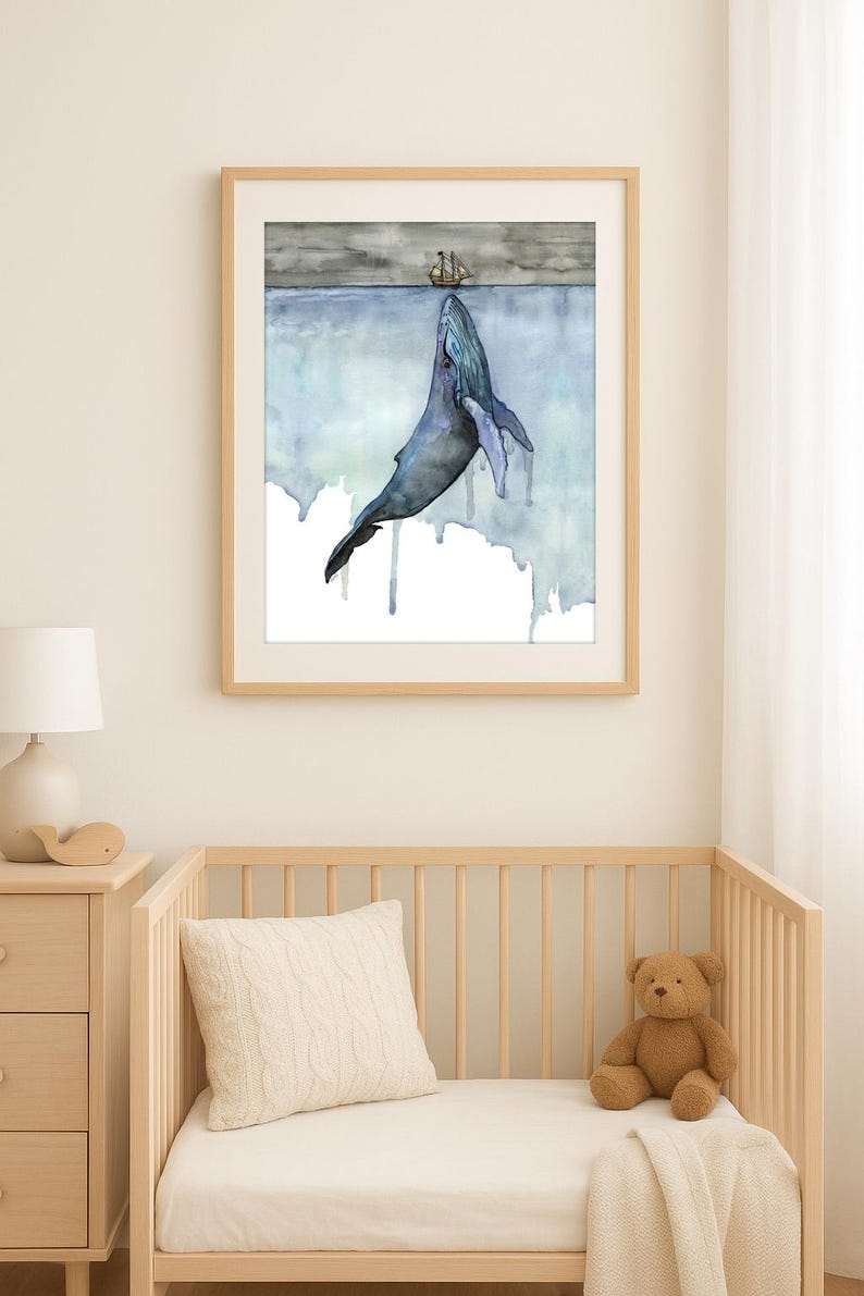 Whale Watercolor Print- Ocean Wall Art, Coastal Whale Painting, Whale Nursery Decor, Whale and Sailboat Painting, Eco Friendly Fine Art Gift image 3