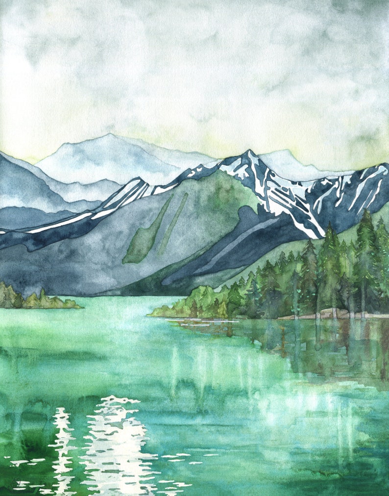 Mountain Lake Painting Print of Mountain Landscape, Forest Print, Watercolor Landscape, Abstract Art image 1