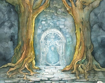 XLARGE Dwarven Mine Prints - Sizes 16x20 and up, West Gate Painting, Watercolor Painting, Fantasy Art, Doors of Durin, Fantasy Painting