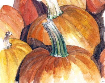 Pumpkin Painting - Print from Original Watercolor Painting,"Pumpkin Patch", Fall Decor, Orange Pumpkin, Halloween