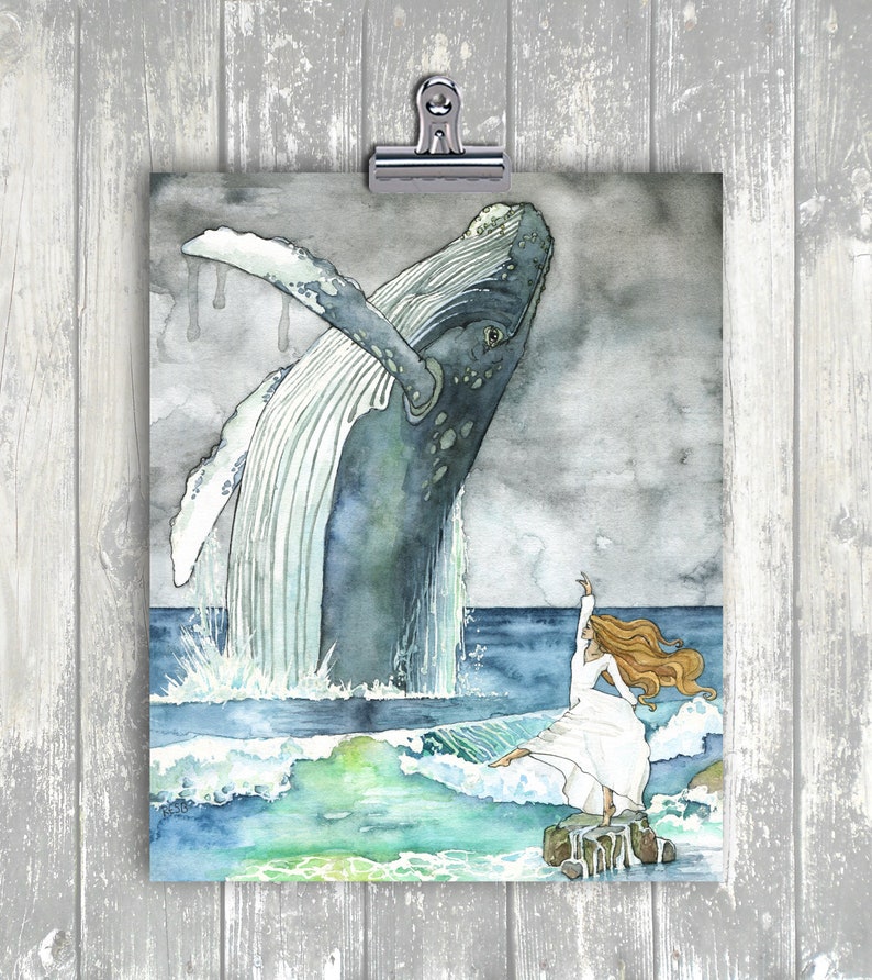 XLARGE Watercolor Dancer and Whale Painting Sizes 16x20 and up, Humpback, Whale Art, Whale Painting, Whale Nursery, Whale Print image 3