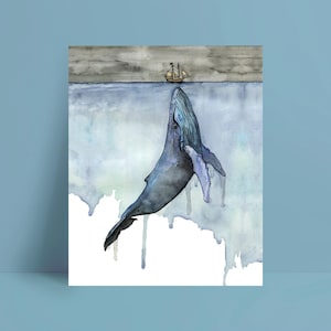 May include: A watercolor painting of a blue whale breaching the surface of the water with a small sailboat in the distance. The painting has a light blue, gray, and white color scheme.