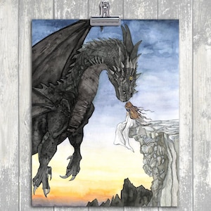 May include: A watercolor painting of a black dragon with yellow eyes looking at a woman in a white dress sitting on a cliff. The background is a sunset sky with clouds.