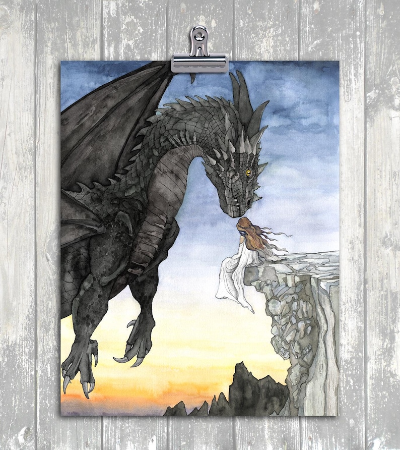 May include: A watercolor painting of a black dragon with yellow eyes looking at a woman in a white dress sitting on a cliff. The background is a sunset sky with clouds.