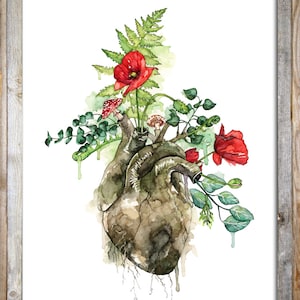 Pintura de acuarela, Corazón anatómico, Impresión anatómica del corazón, Botánico, Corazón humano, Corazón, Flores de acuarela, Impresión titulada Overgrown imagen 3