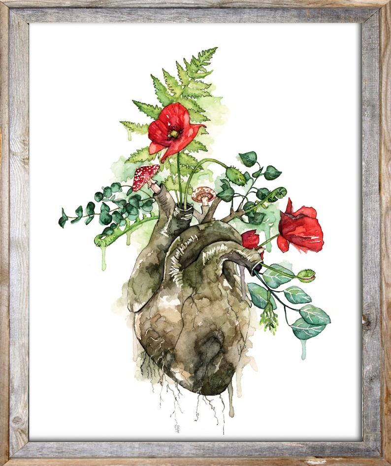 Pintura de acuarela, Corazón anatómico, Impresión anatómica del corazón, Botánico, Corazón humano, Corazón, Flores de acuarela, Impresión titulada Overgrown imagen 3