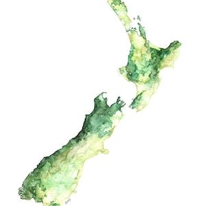 Aquarell Aufforstung Neuseeland Karte - Druck nach Original Aquarell, "Neuseeland Wälder", Büro Dekor, Grüne Karte