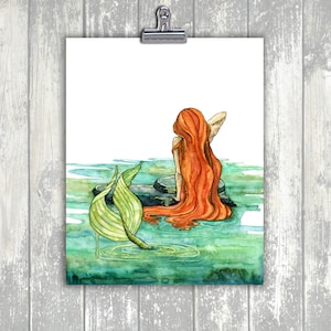 Mermaid Painting, Watercolor Painting, Mermaid Art, Mermaid Decor, Mermaid Print, Nursery Art, Ocean Art, Beach, Print titled, Shoreline.. image 2