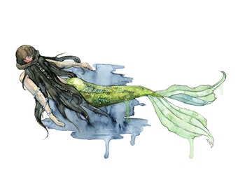 Mermaid Painting - Print of Mermaid Swimming, Watercolor Painting, Mermaid Art