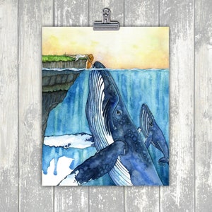 Whale Art, Watercolor Painting, Whale Painting, Whale and Girl, Whale Print, Nursery Art, Humpback Whale, Print titled, The Fisherman's... image 2