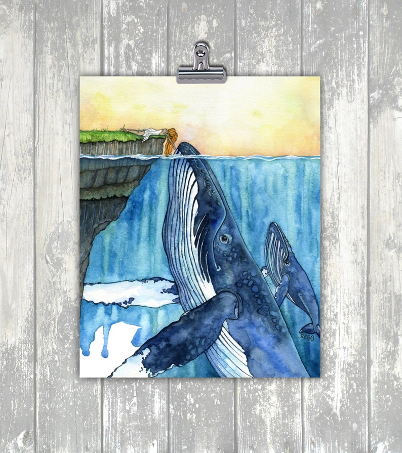 Whale Art, Watercolor Painting, Whale Painting, Whale and Girl, Whale Print, Nursery Art, Humpback Whale, Print titled, The Fisherman's... image 2