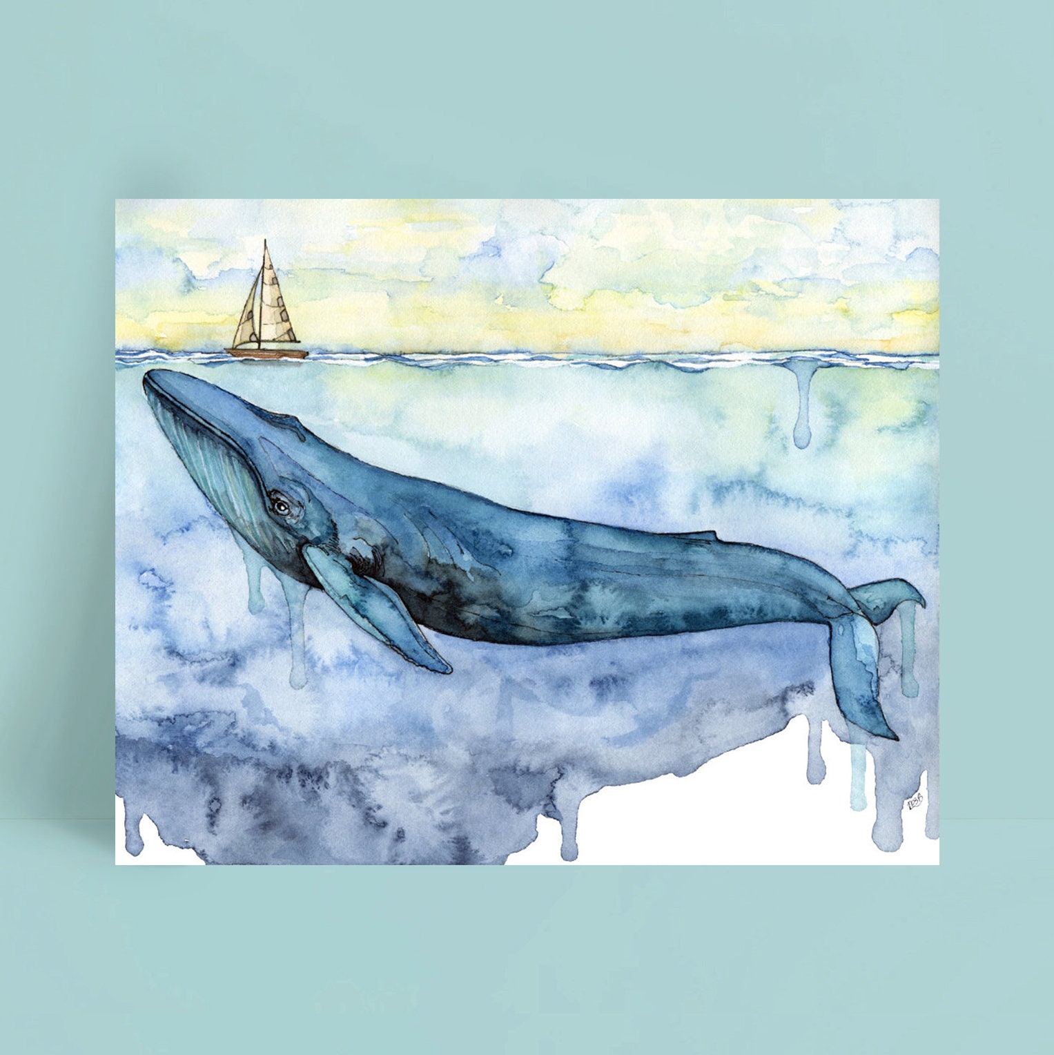 クジラの絵画 - 帆船の下のシロナガスクジラの版画、水彩画、クジラ