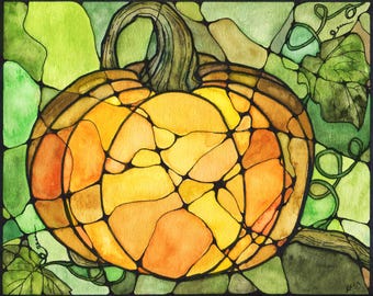 Pumpkin Watercolor Print – Stained Glass Style Fall Wall Art, Autumn Botanical Decor, Cottagecore Kitchen Art, Autumn Harvest Art, Botanical