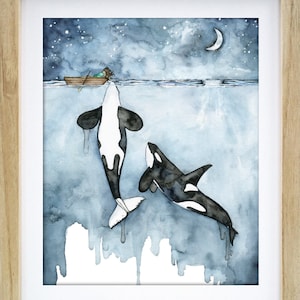 Orca Painting, Watercolor Painting, Whale Painting, Orca and Girl, Killer Whale, Whale Nursery, Whale Print, Boy and Girl Versions Available image 7