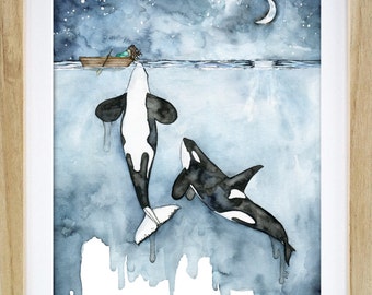 シャチの水彩画プリント - 海の壁アート、シャチと女の子、海の生き物