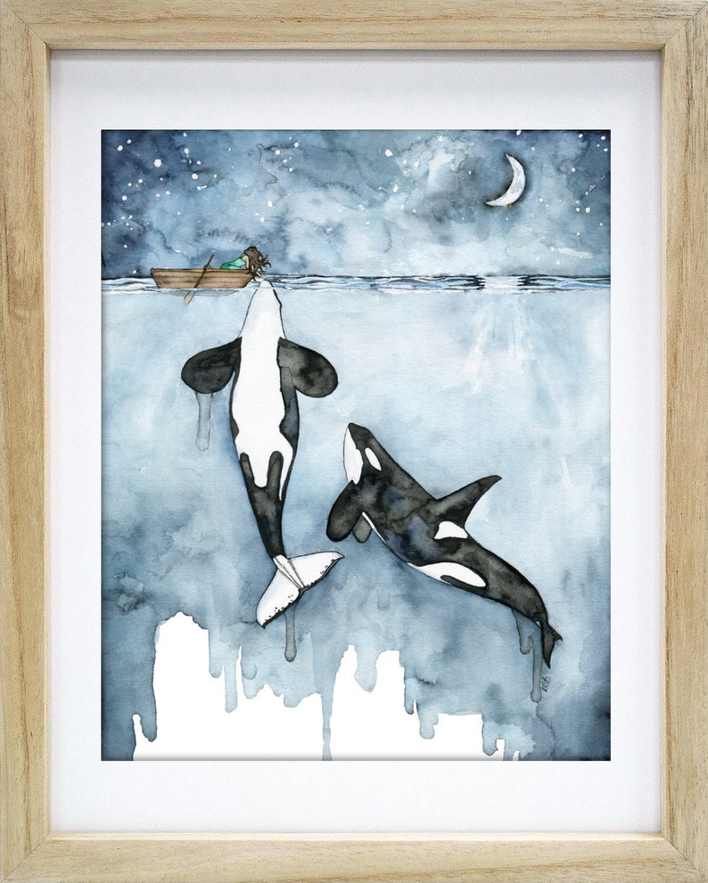 Orca Malerei, Aquarell Malerei, Walmalerei, Orca und Mädchen, Schwertwal, Wal-Kinderzimmer, Wal-Druck, Jungen und Mädchen-Versionen verfügbar Bild 7