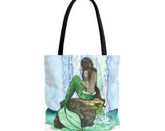 Waterfall Mermaid Tote Bag - Canvas Mermaid Bag, Beach Bag, Mermaid Tail