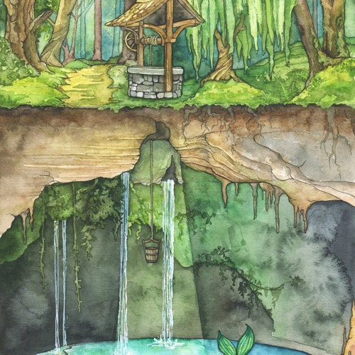 Wishing Well Painting - Gravure de Wishing Well in Enchanted Forest, Fantasy Art, Fairytale Art, Aquarelle