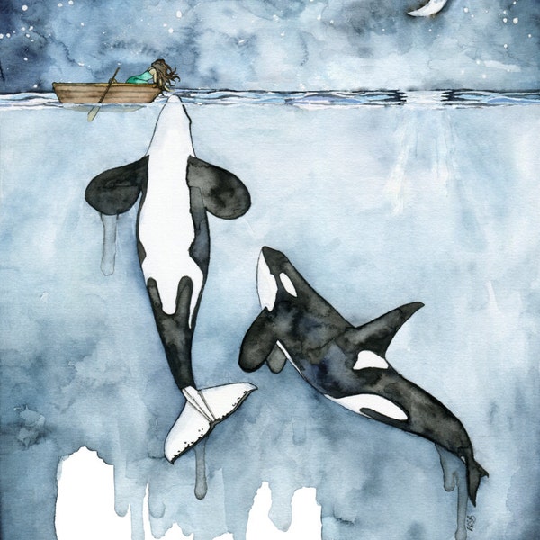 XLARGE Watercolor Orca Painting - Sizes 16x20 and up, "Poseidon's Touch", Whale Nursery, Whale Art, Whale Print, Orca Whale, Beach Decor