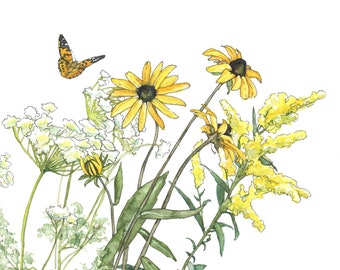 Black Eyed Susan Wildflower Print  - Watercolor Wildflower Field, Botanical Painting, Botanical Print, Wildflower Field Art, Nursery Art