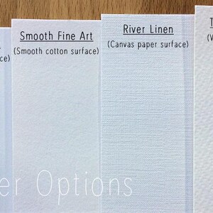 May include: Four different paper samples for printing, showing the texture of each. From left to right: Arctic Matte (Basic matte surface), Smooth Fine Art (Smooth cotton surface), River Linen (Canvas paper surface), Textured Rag (Watercolor paper surface).