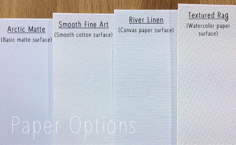 May include: Four different paper samples for printing, showing the texture of each. From left to right: Arctic Matte (Basic matte surface), Smooth Fine Art (Smooth cotton surface), River Linen (Canvas paper surface), Textured Rag (Watercolor paper surface).