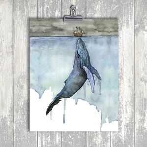 May include: A watercolor painting of a blue whale breaching the surface of the water. A small sailboat with a black flag is sailing on the surface of the water above the whale.