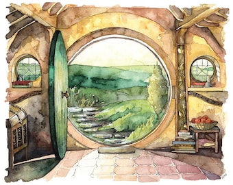 Bag End Painting, Watercolor Painting, Bag End Art, Lord, Fantasy Art, Jrr, Rings, Fantasy Painting, Print titled, "In a Hole in the..."