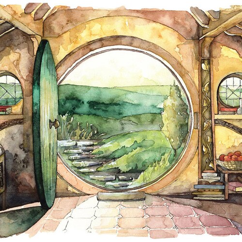 Bag End Painting, Aquarel Schilderij, Bag End Art, Lord, Fantasy Art, Jrr, Ringen, Fantasy Painting, Print getiteld, "In a Hole in the..."