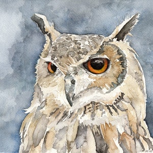 Great Horned Owl Painting - Print from Original Watercolor Painting, "The Night Hunter", Fall Decor, Brown Owl, Bird, Owl, Owl Decor