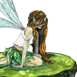 May include: A watercolor painting of a fairy with green wings and long brown hair sitting on a green mossy rock. The rock is surrounded by a dark green liquid.