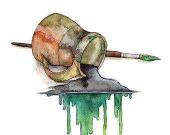 Watercolor Brush Painting - Print titled, "The Green Brush", Watercolor Print, Watercolor Art, Paint Brush, Coffee Mug, Painting Supplies