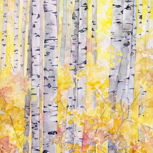 Birch Trees Painting - Print from my Original Watercolor Painting,"The Golden Wood", Autumn Decor, Fall Decor, Fall, Birch Tree, Fall Leaves