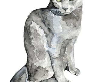 Grey Cat Painting- Print from my Original Watercolor Painting, "Luna", Pet Decor, Cat, Kitten, Cat Print, Cat Painting