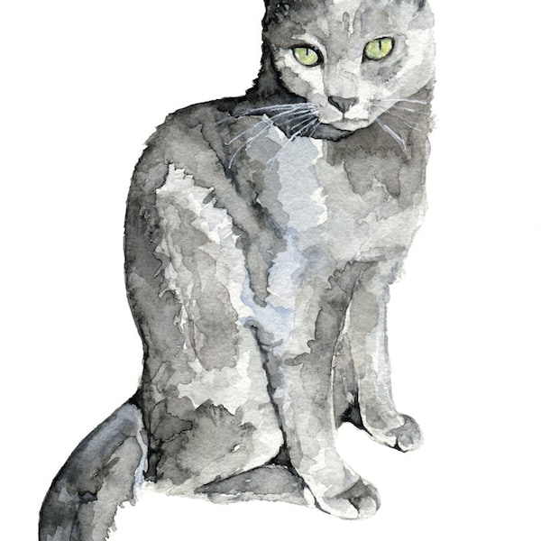 Graue Katze- Druck von meinem Original Aquarell, "Luna", Haustier Dekor, Katze, Kätzchen, Katze Druck, Katzenbild