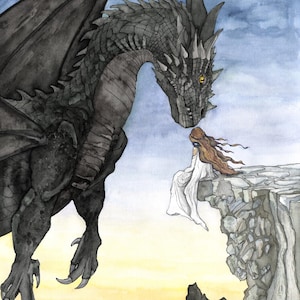 May include: A black dragon with yellow eyes looks down at a woman in a white dress sitting on a cliff edge. The dragon's wings are spread out behind it. The woman has long brown hair and is looking up at the dragon. The background is a watercolor painting of a sunset sky.
