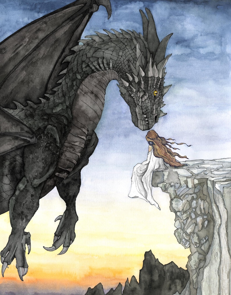 May include: A black dragon with yellow eyes looks down at a woman in a white dress sitting on a cliff edge. The dragon's wings are spread out behind it. The woman has long brown hair and is looking up at the dragon. The background is a watercolor painting of a sunset sky.