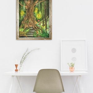 May include: A watercolor painting of a whimsical treehouse nestled in a lush green forest. The treehouse has a small door and a set of stairs leading up to it. There are glowing lights hanging from the branches of the tree, and mushrooms growing around the base of the tree.