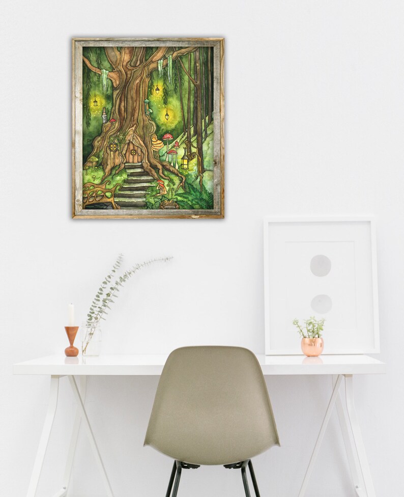 May include: A watercolor painting of a whimsical treehouse nestled in a lush green forest. The treehouse has a small door and a set of stairs leading up to it. There are glowing lights hanging from the branches of the tree, and mushrooms growing around the base of the tree.