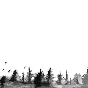 Pine Trees Painting - Print from Original Watercolor Painting, "Soft as Silence", Birds In Flight, Black and White, Watercolor Landscape