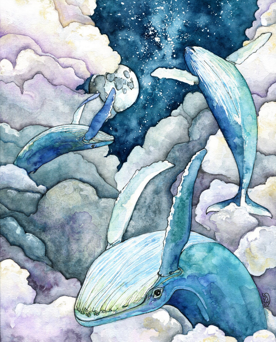 クジラの絵、水彩画、クジラの版画、夜空、クジラのアート クジラの絵、水彩画、クジラの版画、夜空、クジラのアート