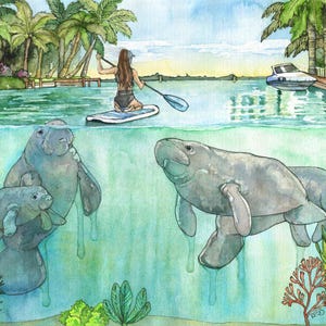 Cuadro de manatí y surfista de paddleboard - Lámina de manatí y niña, estampado tropical, canales de Florida, subacuático, SUP, arte playero, regalo para amantes del océano