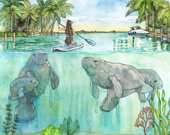 Manatee and Paddleboarder Painting - Print of Manatee and Girl, Tropical Print, Florida Canals, Underwater, SUP, Beach Art, Ocean Lover Gift