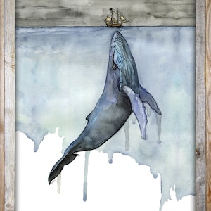 May include: A watercolor painting of a whale breaching the surface of the ocean, with a small sailboat in the distance. The painting has a blue and gray color scheme, with white accents.