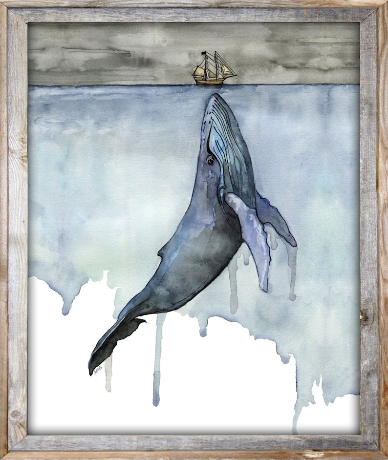 Whale Painting, Watercolor Painting, Whale Print, Whale and Boat, Whale Art, Whale Nursery, Humpback Whale, Print titled, Fathoms Below image 4