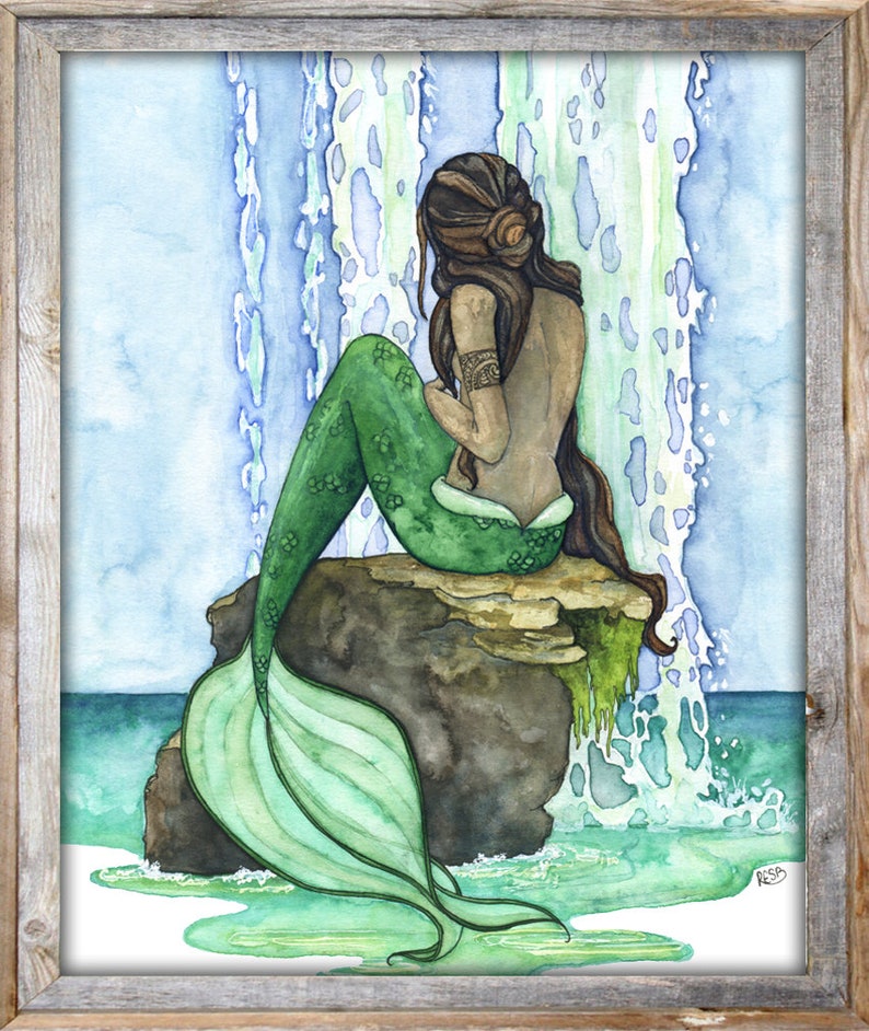 Mermaid Painting, Watercolor Painting, Mermaid Art, Mermaid Decor, Mermaid Print, Nursery Art, Waterfall Painting, Print titled, Cascade image 6