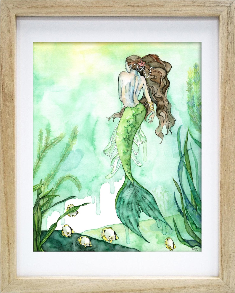 Watercolor Mermaid Painting, Mermaid Print, Beach Decor, Mermaid Decor, Mermaid Wall Art, Mermaid Art, Print titled, Among the Seagrass image 3